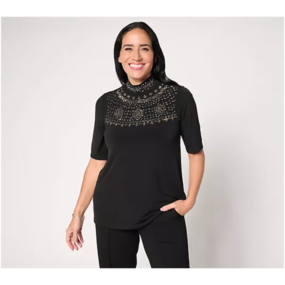 Susan Graver Occasions Black Liquid Knit Embellished Mock-Neck Top, 4X